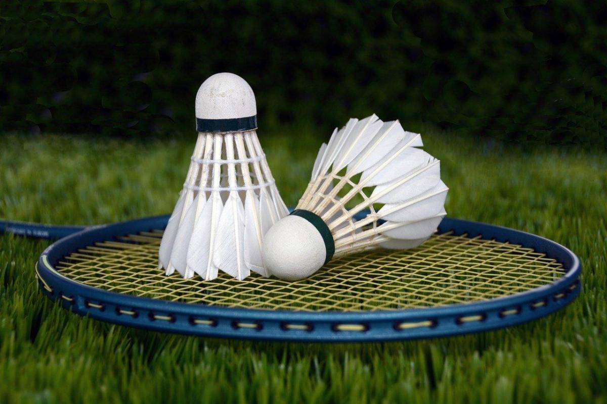 A Badminton racket with 2 shuttlecocks on top of it.