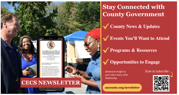 Anne Arundel county executive stuart pittman presenting a citation next to an advertisment for the county executive mewsletter