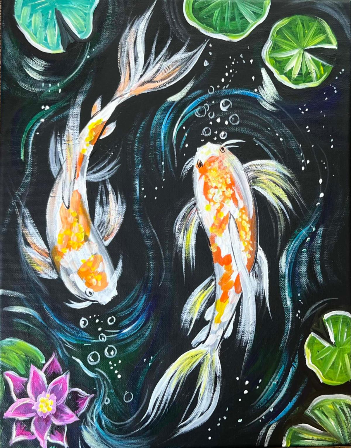 A painting of two koi in dark water with Lotus flowers.