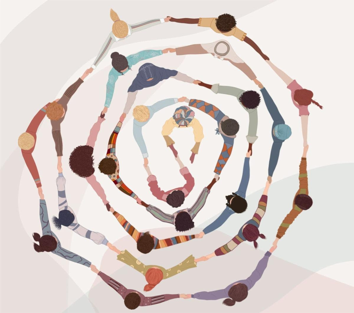 A graphic of people holding hands and forming a spiral.