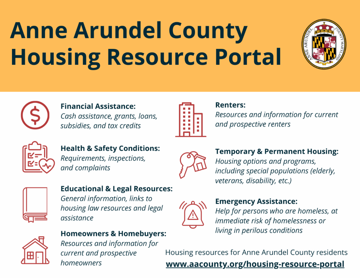 Anne Arundel County Housing resource portal offers assistance with Health and safety concerns education legal resources emergency and financial assistance and more. visit the anne arundel county resource portal for more information