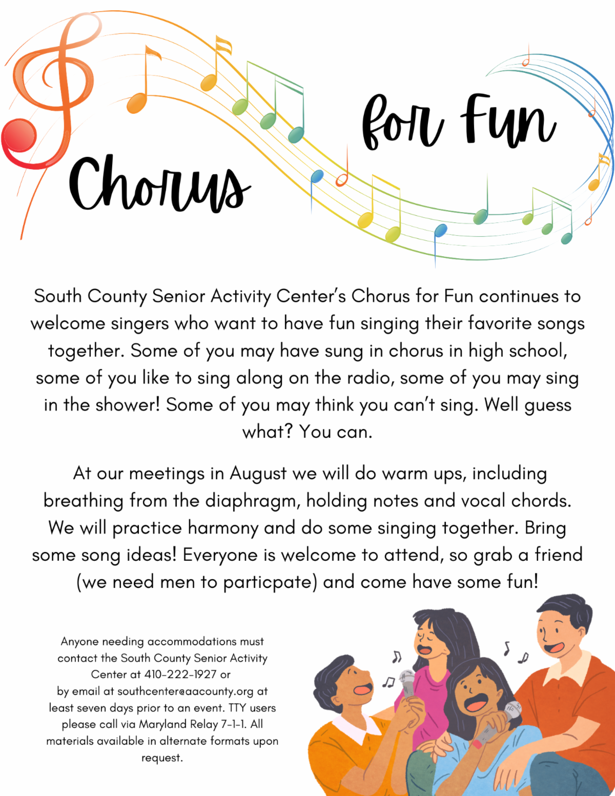 A flyer promoting the South County Senior Center Chorus for Fun. Call the center at 410-222-1927 for details.