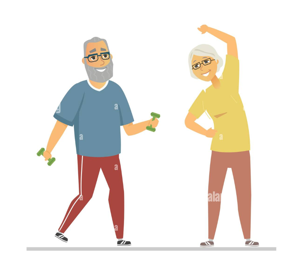 A graphic of 2 older adults exercising.