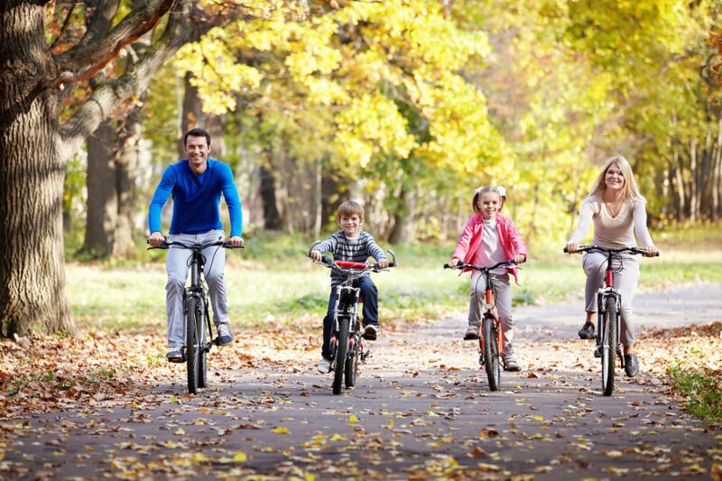 A family of 4 rides bikes through a park.