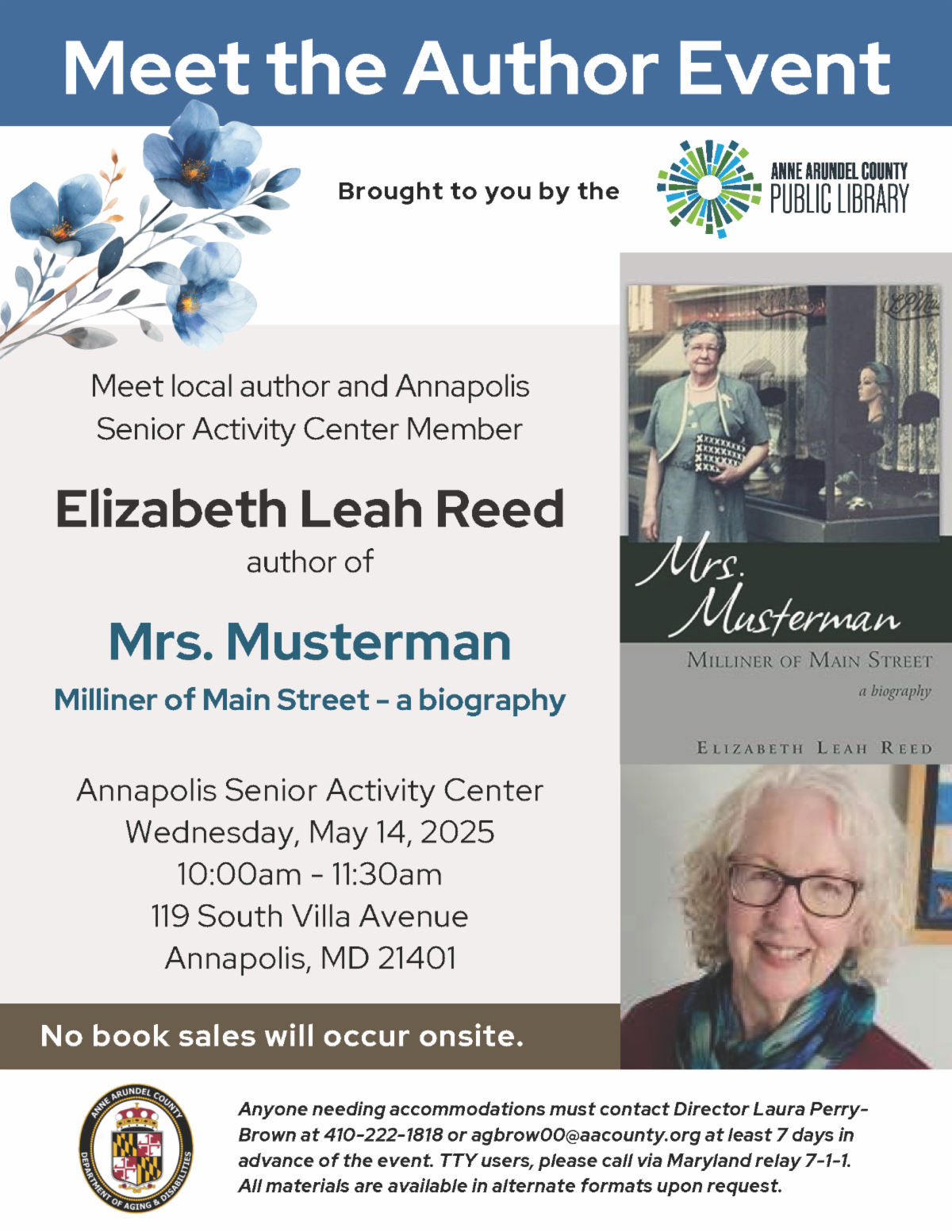 Announcement for the upcoming Meet the Author event featuring Elizabeth Reed author of Mrs. Musterman. This will be held at Annapolis Senior Activity Center on May 14th from 10am to 1130am.