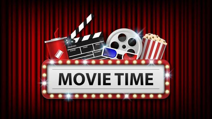 The words movie time positioned beside popcorn, a movie reel, and other movie related items.