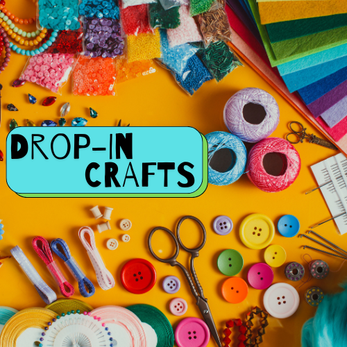 Crafting items including scissors and buttons and paper on a yellow background with the words drop in crafts in black on a blue background.