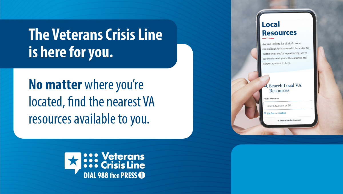Veteran Crisis Hotline graphic instructing callers to dial 988 then press one on your phone.