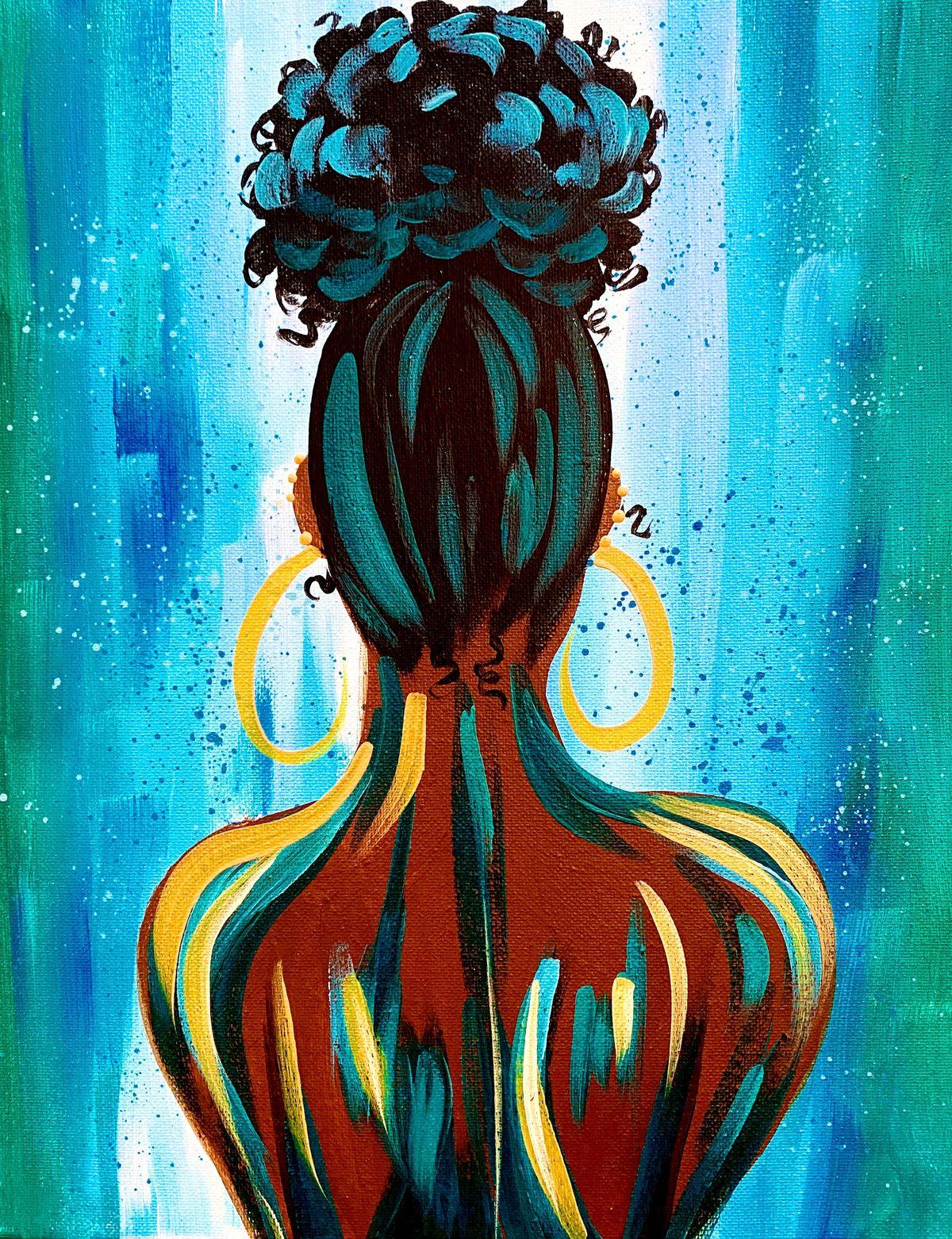 Acrylic painting of a woman. Paint class will be held on Wednesday, September 16th from 2-4pm