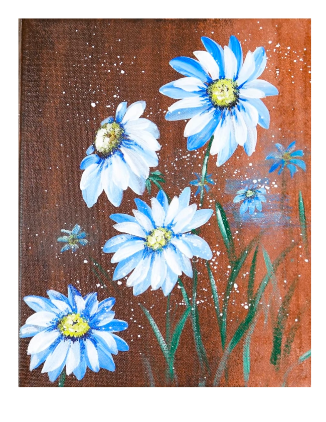 a painting of blue flowers