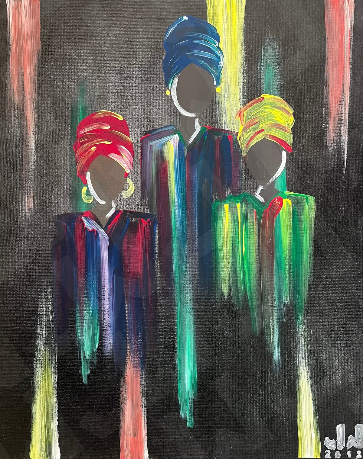 Acrylic painting of three women. Paint class on Sunday, September 27th from 2-4pm