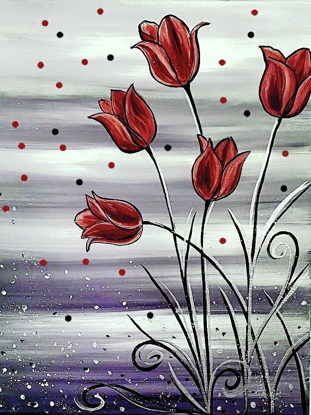 A painting of 5 red tulip flowers.