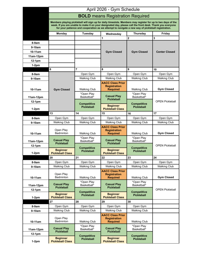 April 2026 Gymnasium Schedule for the Severn Senior Center