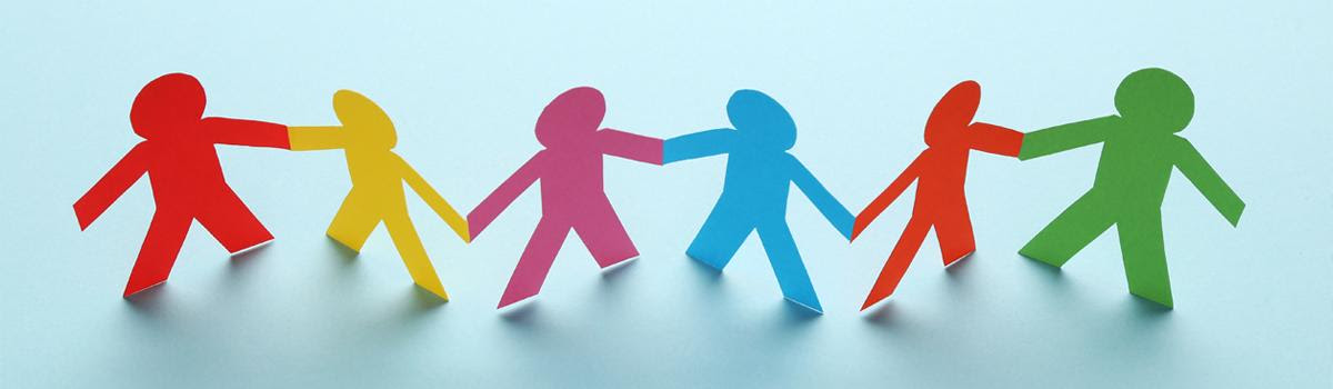 A graphic of different colored characters holding hands.