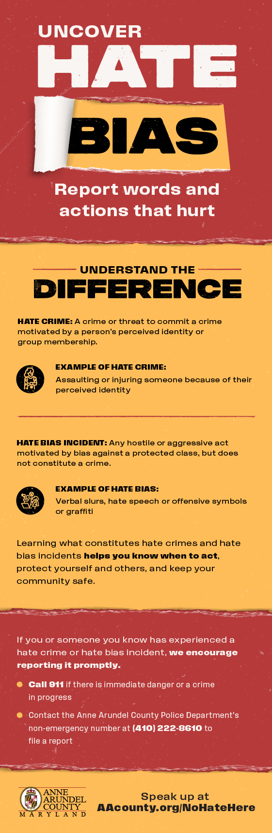 An announcement for Anne Arundel County's initiative to ID uncover hate bias and report hate crimes. Speak up at AAcounty.org/NoHateHere