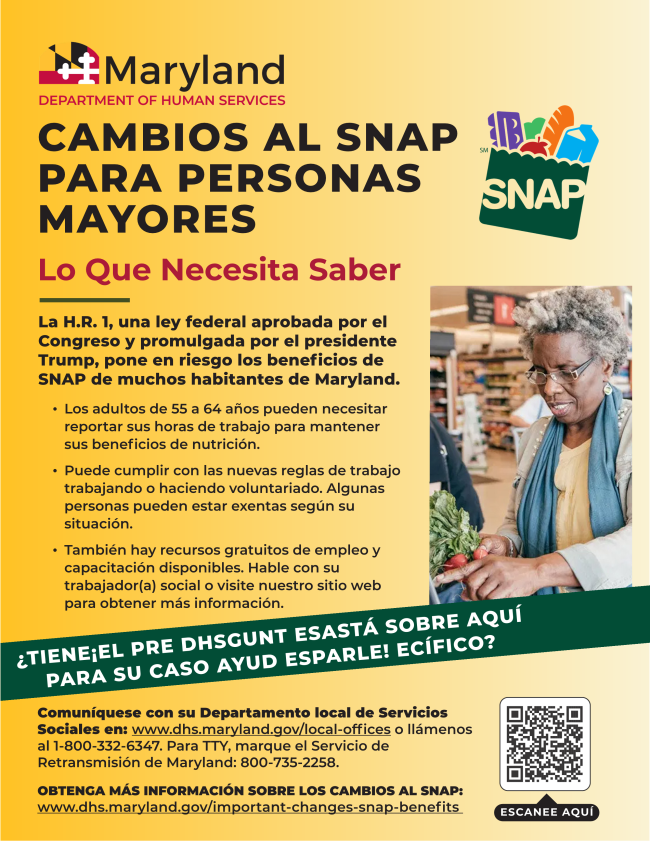 An announcement of changes to the SNAP Program for Seniors. Call 1 800 332 6347 for more information or assistance.