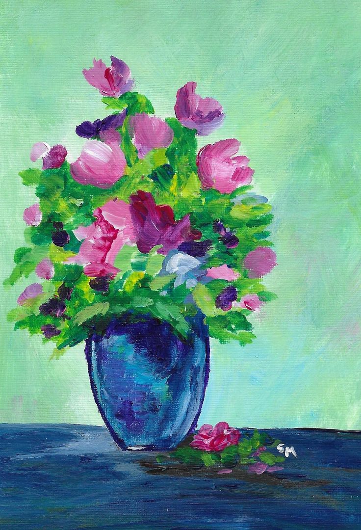 Watercolor of a blue vase filled with flowers