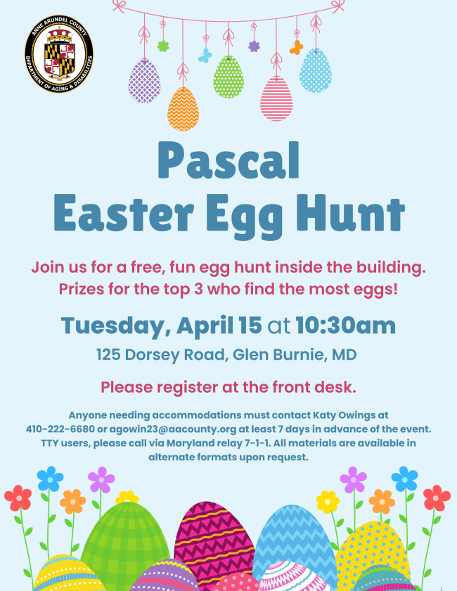 An announcement for Pascal's Easter Egg Hunt. Call 4102226680 for details.