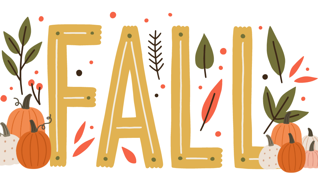 the word fall in gold capital letters surrounded by leaves pumpkins and polka dots