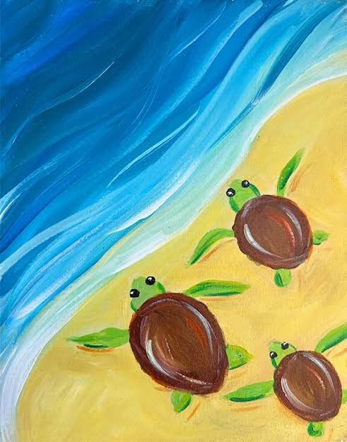 A painting of baby sea turtles crawling across the sand to the ocean.
