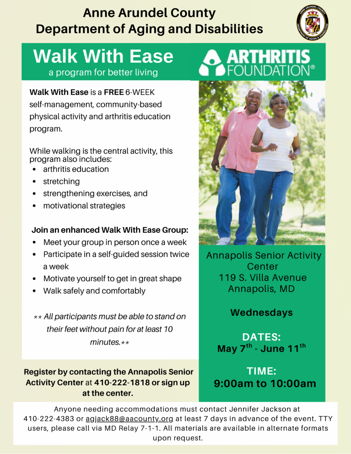 Annapolis walk with ease arthritis education and physical activity program. once a week on Wednesdays starting may 7.