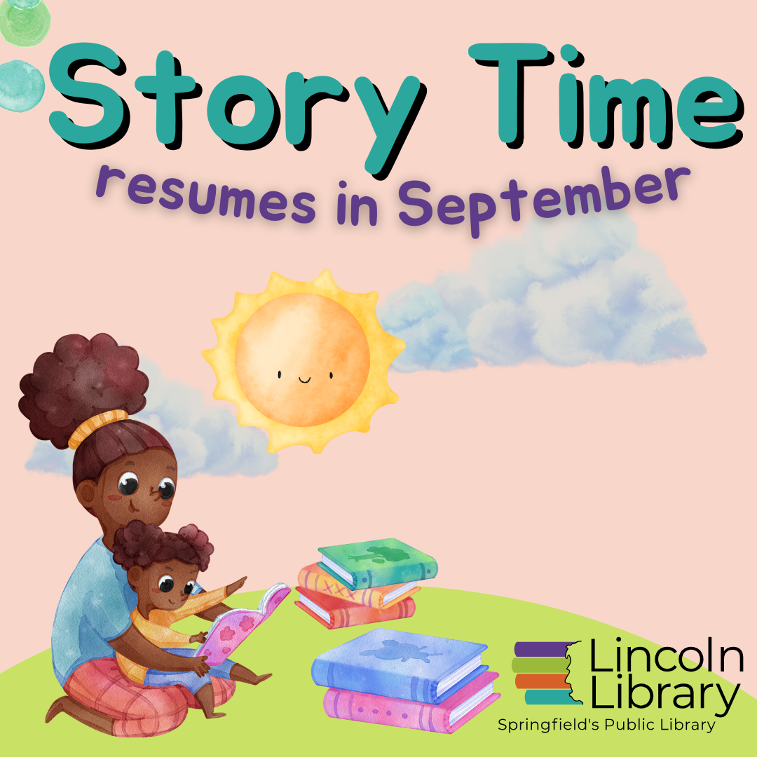 Mother and child reading together, with the words "Story time resumes in September"