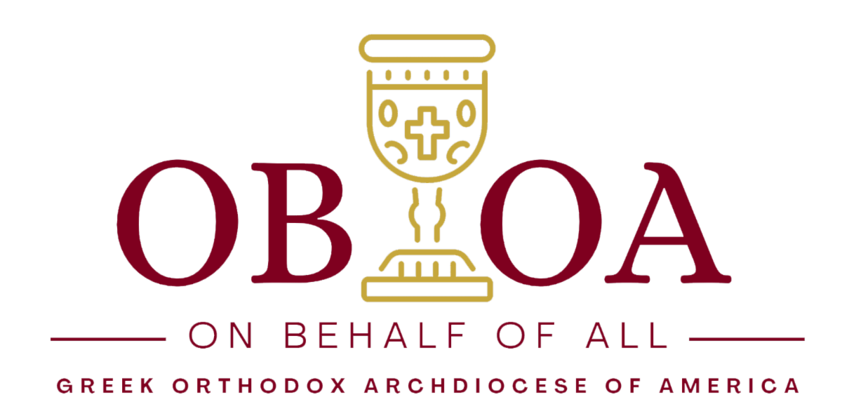 Graphic displays the acronym OBOA in deep red font which stands for On Behalf of All. In the center of the letters is a golden chalice. Beneath the chalice and OBOA letters are the words Greek Orthodox Archdiocese of America.