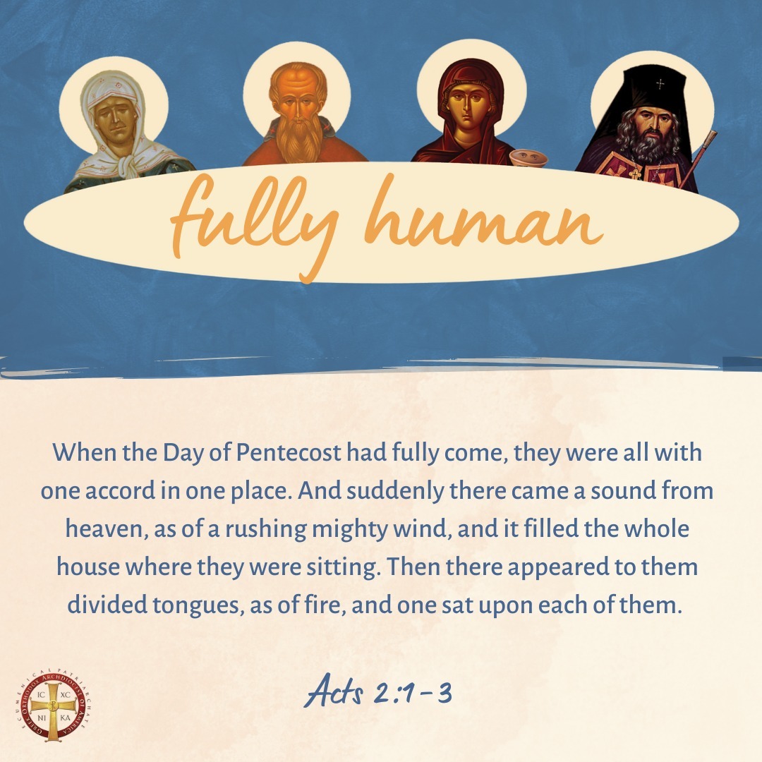 The graphic has a light blue and tan background. Four Saints who are known for having disabilities or interceding for disabilities are pictured arching over the top of the graphic. These are St. Matrona of Moscow the Wonderworker who was blind from birth St. Sergius of Radonezh who had difficulty learning to read as a child St. Paraskevi who was blinded in persecution and is known for healing sight-related ailments St. John Maximovitch The Wonderworker of San Francisco who had a severe speech impediment. The words fully human are under the bust images of the four saints and the text of a saint or scripture quote is included and changes fore each reflection. 