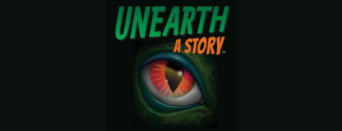 Close up of a dinosaur's orange and yellow eye. Text overlay: Unearth A Story