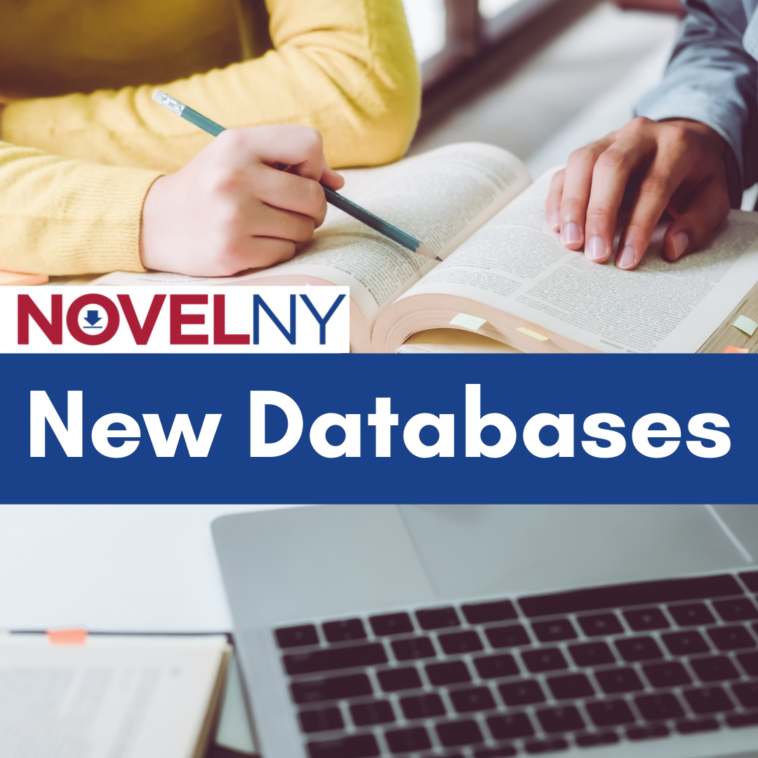Students working over open books and a laptop. Text overlay: NOVELny New Databases