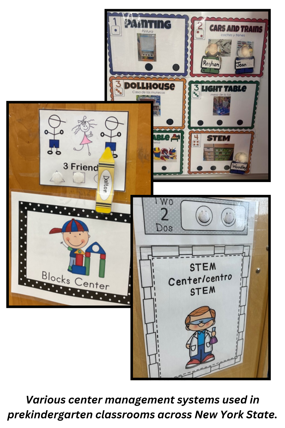 Various classroom center management systems displayed on walls