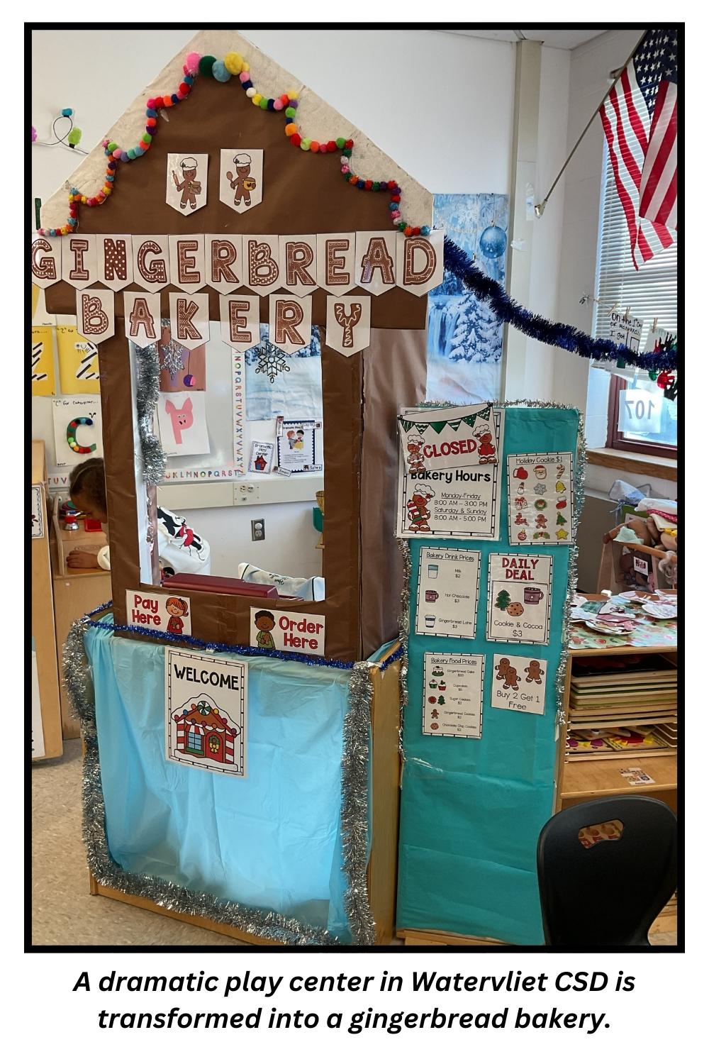 a dramatic play center is transformed into a gingerbread bakery