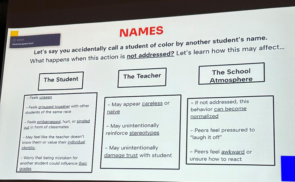 Names: Lets say you accidentally call a student of color by another student's name. What happens when this action is not addressed? Let's learn how this may affect the students, the teacher, the school atmosphere