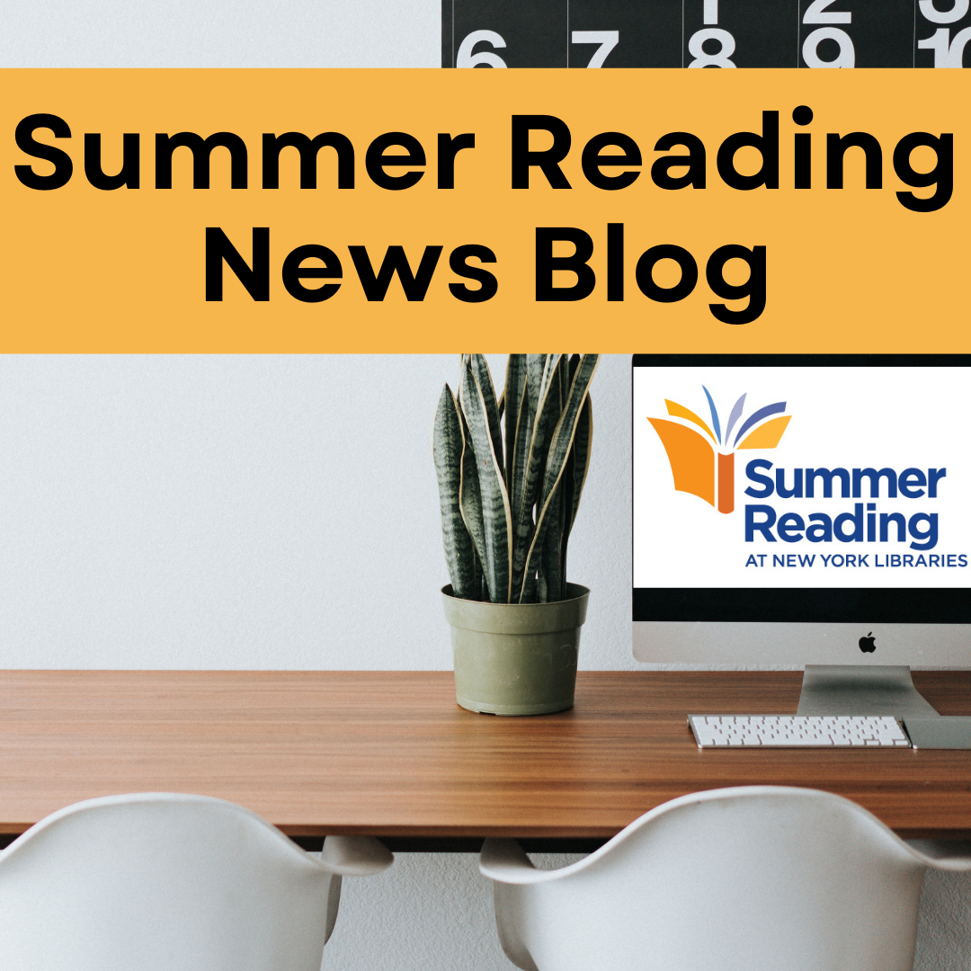 Desk with computer and large wall calendar. Text overlay: Summer Reading News Blog