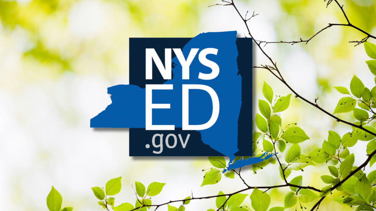 NYSED.gov logo in front of green spring leaves