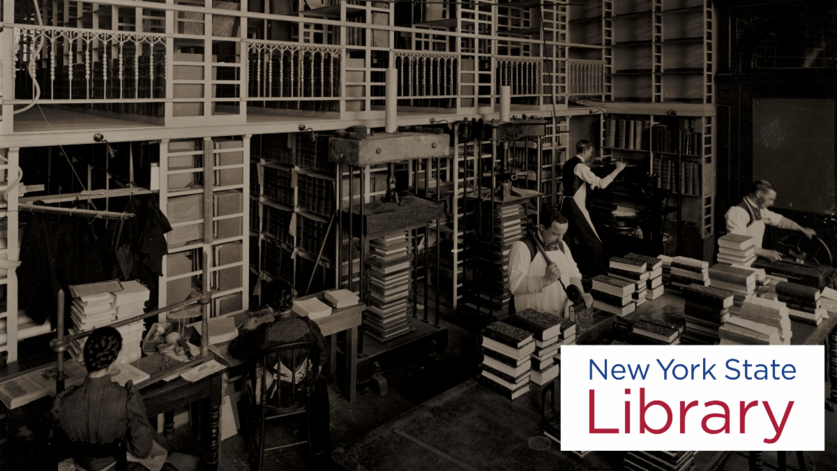 Black and white photograph of the NYS Library bindery in the Capitol Building in the late 19th century.