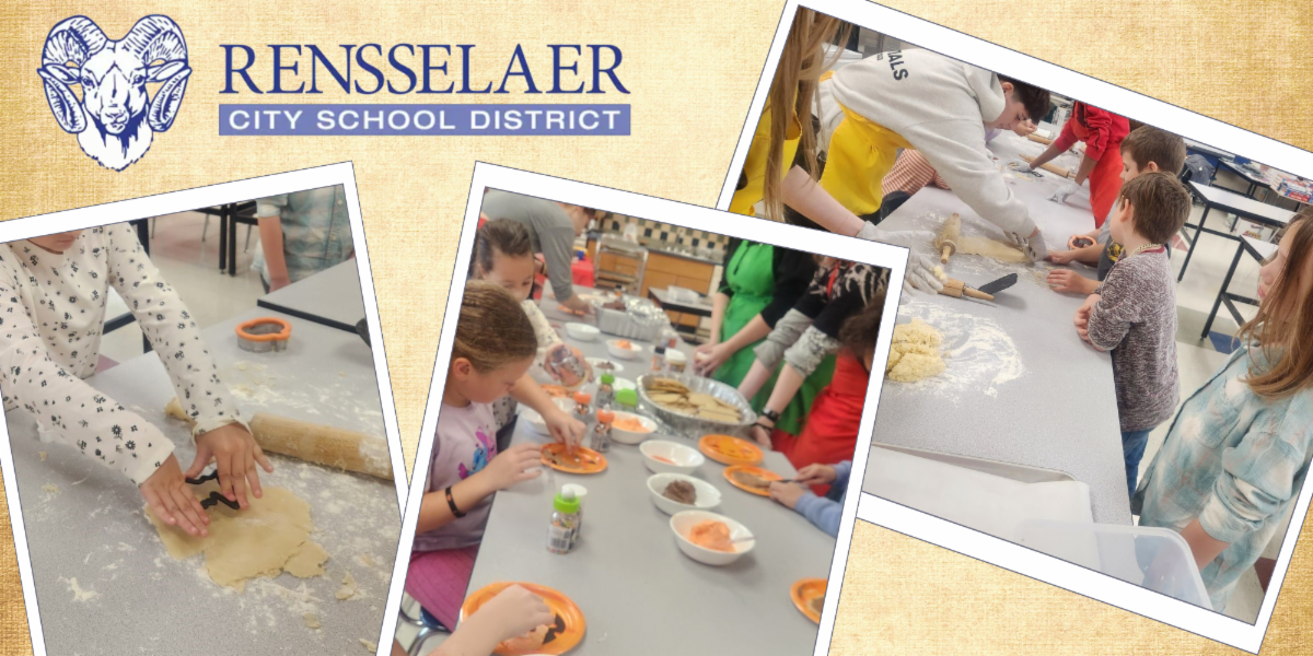 Photos of high school and elementary students making cookies