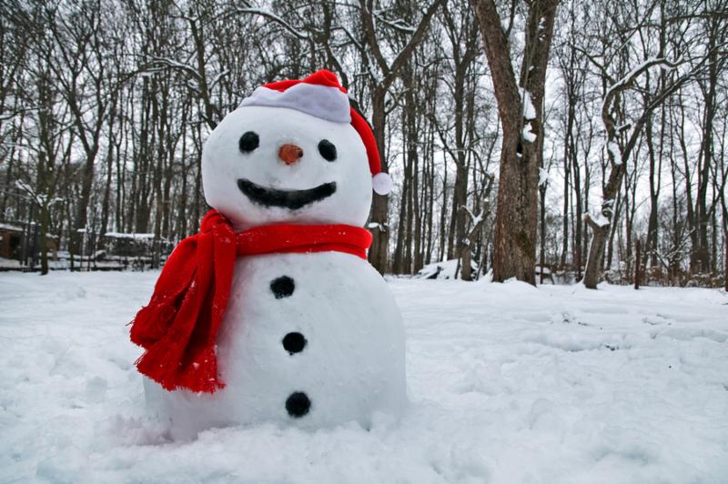 snowman with a red scarf and hat