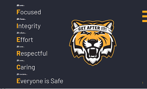 Franklin FIERCE framework graphic featuring a roaring tiger mascot wearing a 'GET AFTER IT!' headband alongside the FIERCE acrostic: We are Focused, We have Integrity, We show Effort, We are Respectful, We are Caring, We ensure Everyone is Safe.