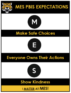 Graphic displaying MES PBIS Expectations featuring a tiger mascot logo. The acronym M-E-S stands for: M, Make Safe Choices; E, Everyone Owns Their Actions; S, Show Kindness. Bottom banner reads, "I Matter at MES!"