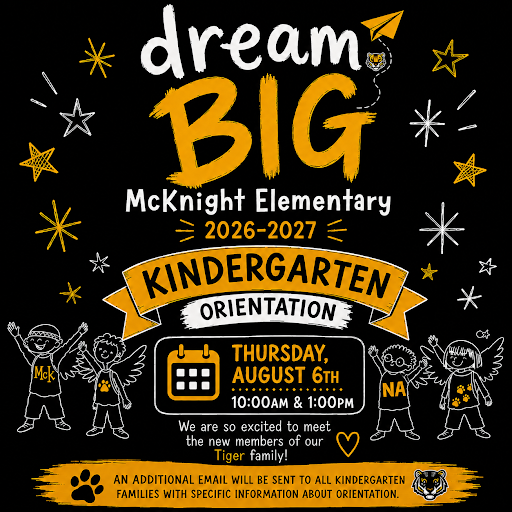 McKnight Elementary Kindergarten Orientation graphic with "Dream Big" theme, featuring the event details and illustrated students.