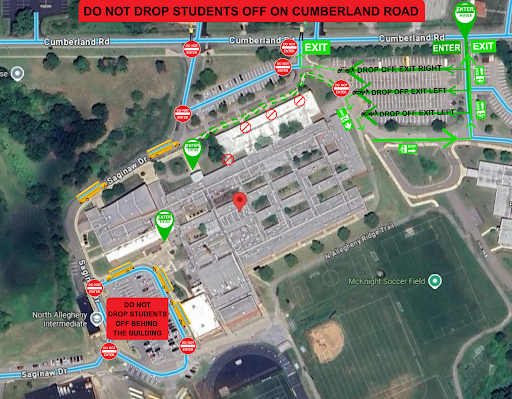 Aerial traffic map of North Allegheny Intermediate High School showing vehicle drop-off flow, enter and exit routes near Cumberland Road, bus loop lanes along Saginaw Drive, and highlighted 'Do Not Drop Off' warning zones.