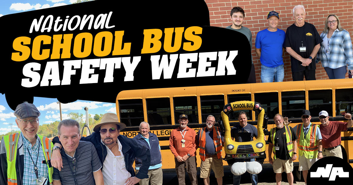 Graphic for National School Bus Safety Week featuring photos of North Allegheny School District bus drivers and transportation staff posing together in front of a yellow school bus.