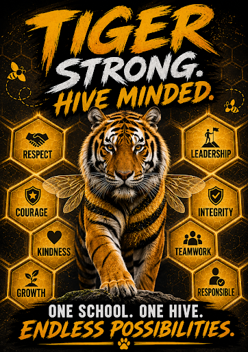 Graphic for the school theme 'Tiger Strong. Hive Minded.' featuring a tiger with bee wings against a honeycomb pattern.