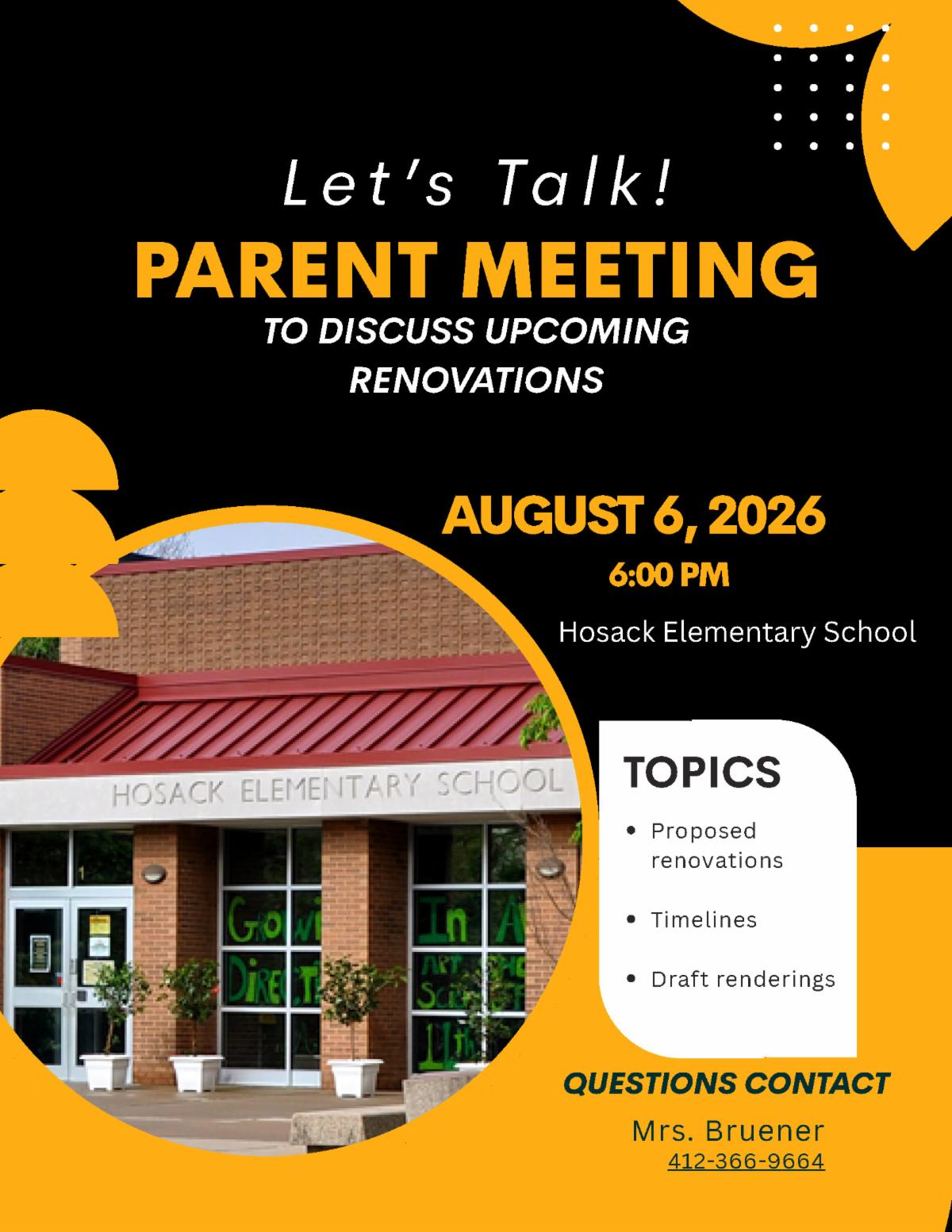 Event flyer titled Let's Talk! Parent Meeting to Discuss Upcoming Renovations featuring a photo of the Hosack Elementary School main entrance. Full meeting details and contact information are provided in the text post.