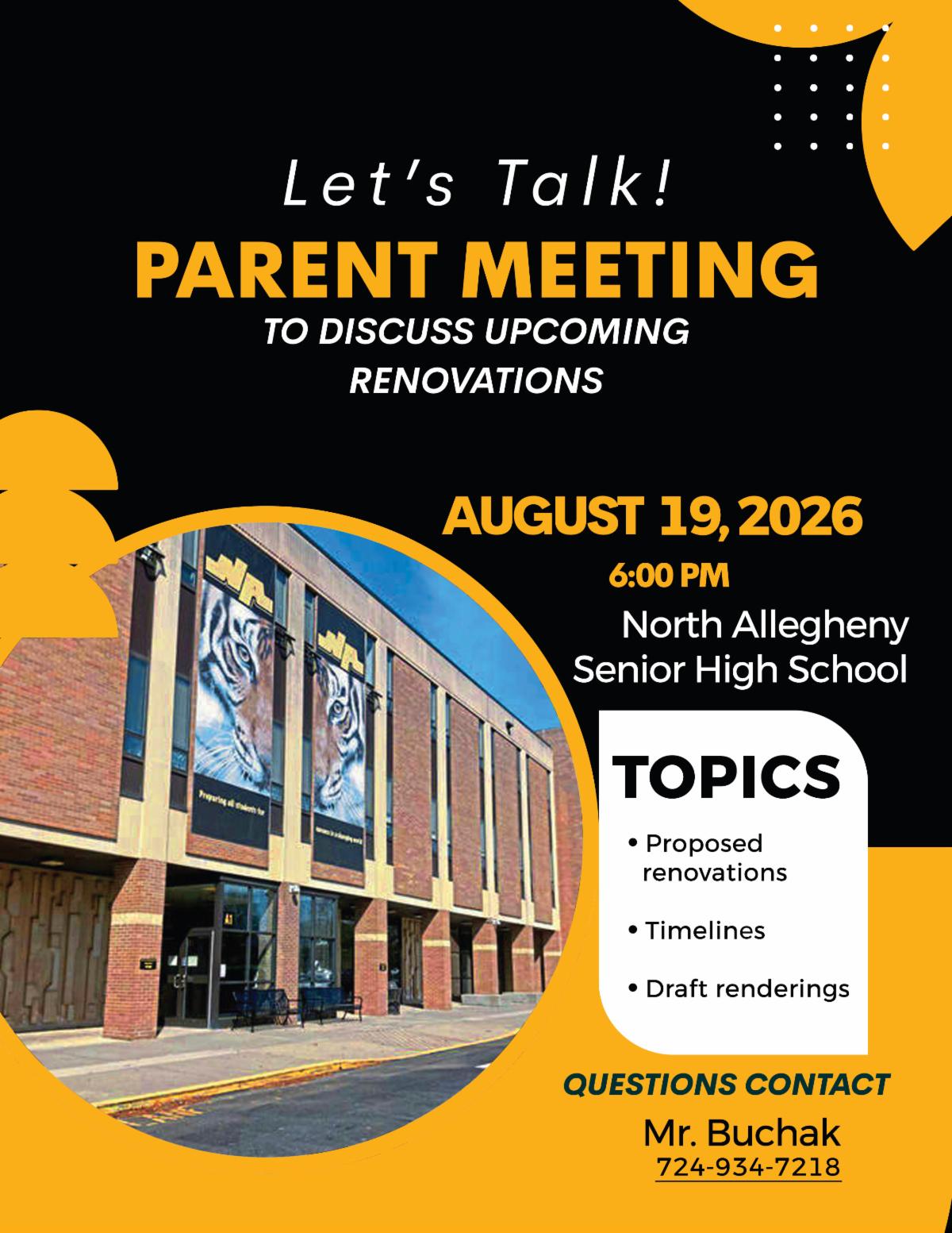 An announcement flyer for North Allegheny Senior High School families. The flyer is titled "Parent Meeting to discuss upcoming renovations," scheduled for Wednesday, August 19, 2026, at 6:00 PM. Includes a exterior photo of North Allegheny Senior High School.