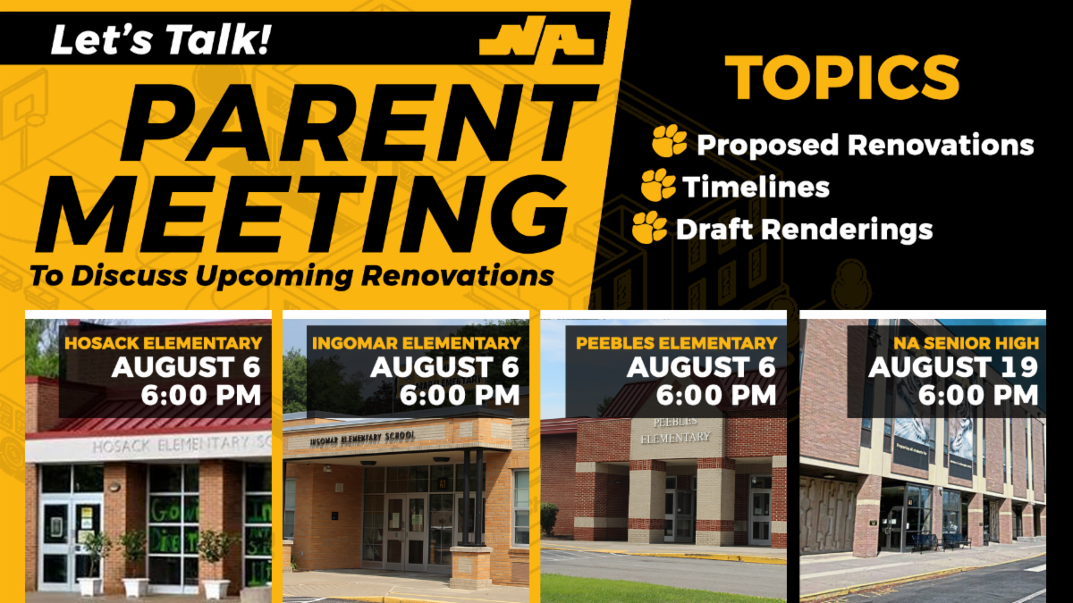 North Allegheny School District parent meeting flyer highlighting upcoming facility renovations for Hosack, Ingomar, and Peebles Elementary Schools on August 6, and NA Senior High on August 19, aligned with Strategic Plan Goal 4: Facilities for the Future.