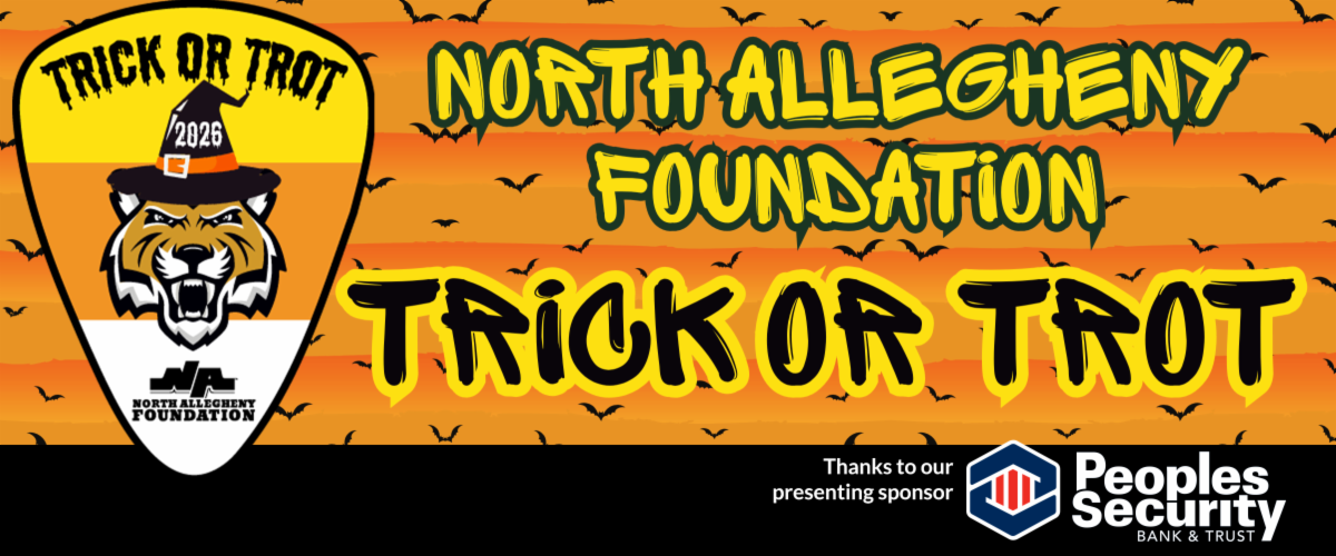 Event banner for the North Allegheny Foundation Trick or Trot featuring an orange candy corn patterned background with flying bats and a tiger mascot wearing a witch's hat labeled 2026.
