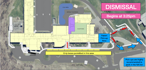 Aerial map diagram of McKnight Elementary showing designated traffic flow, bus loading zones, and the parent pick-up area for afternoon dismissal.