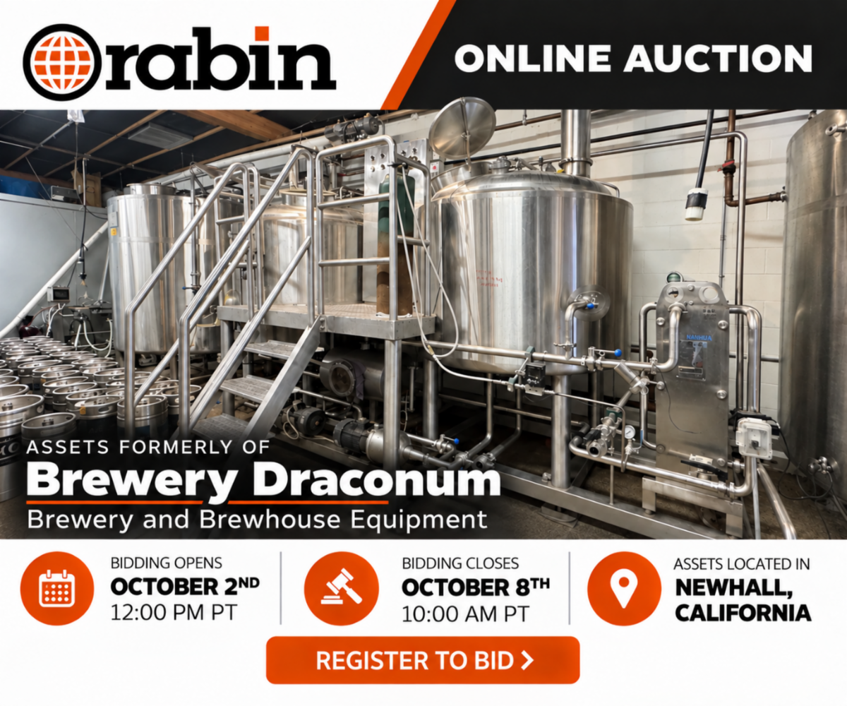 Rabin online auction of Brewery Draconum brewery and brewhouse equipment in Newhall, California